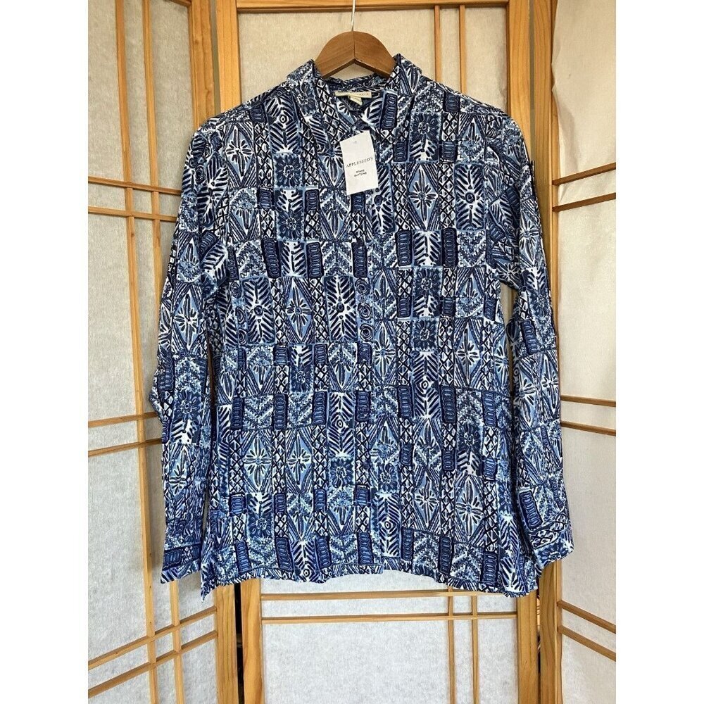 NWT Appleseeds Women’s Shirt SM Blue Crinkled Cotton Geometric Print Button Down